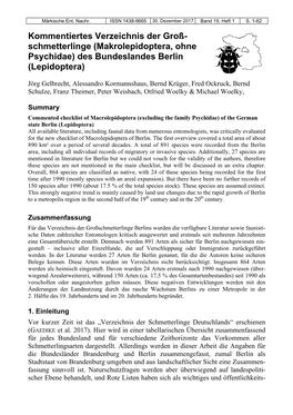 Kommentiertes Verzeichnis Der Groß- Schmetterlinge (Makrolepidoptera, Ohne Psychidae) Des Bundeslandes Berlin (Lepidoptera)