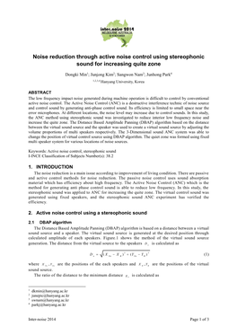 Noise Reduction Through Active Noise Control Using Stereophonic Sound for Increasing Quite Zone