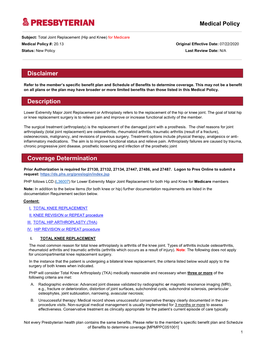 Total Joint Replacement (Hip and Knee) for Medicare, MPM 20.13