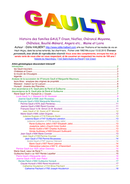 Histoire Des Familles GAULT Craon, Niafles, Chérancé Mayenne
