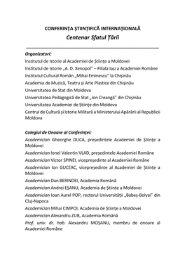 Centenar Sfatul Țării ______Organizatori: Institutul De Istorie Al Academiei De Științe a Moldovei Institutul De Istorie „A