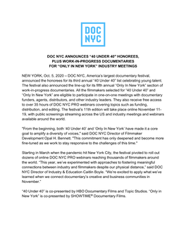 Doc Nyc Announces “40 Under 40" Honorees, Plus Work-In-Progress Documentaries for “Only in New York” Industry Meetings