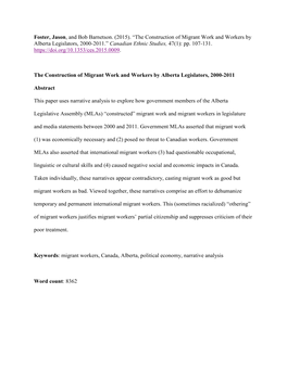 The Construction of Migrant Work and Workers by Alberta Legislators, 2000-2011.” Canadian Ethnic Studies, 47(1): Pp