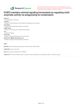 PCBP2 Maintains Antiviral Signaling Homeostasis by Regulating Cgas Enzymatic Activity Via Antagonizing Its Condensation