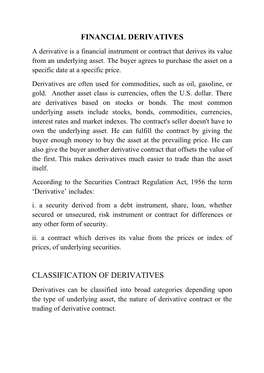 Financial Derivatives Classification of Derivatives