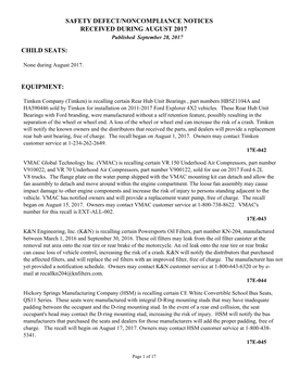 Child Seats: Equipment: Safety Defect/Noncompliance
