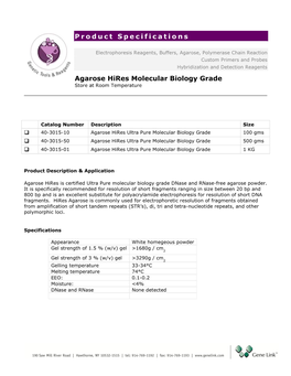 Product Specifications Agarose Hires Molecular Biology Grade