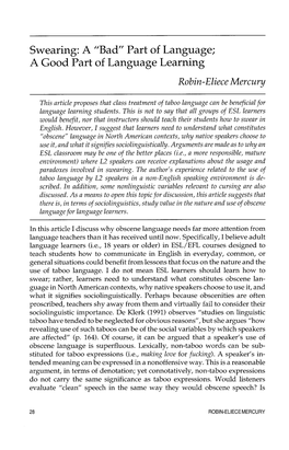 Swearing: a "Bad" Part of Language; a Good Part of Language Learning Robin-Eliece Mercury