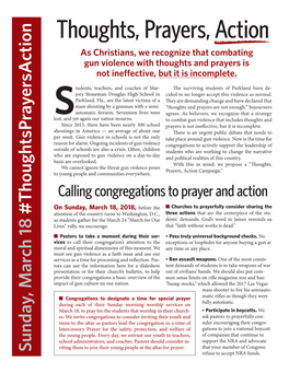 Thoughts, Prayers, Action As Christians, We Recognize That Combating Gun Violence with Thoughts and Prayers Is Not Ineffective, but It Is Incomplete