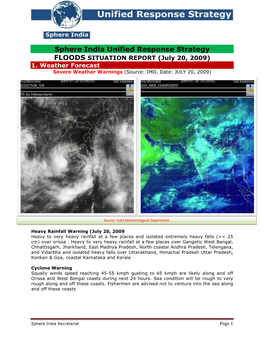Sphere India Unified Response Strategy FLOODS SITUATION REPORT (July 20, 2009) 1