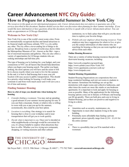 Career Advancement NYC City Guide: How to Prepare for a Successful Summer in New York City the Resources in This Guide Are for Informational Purposes Only