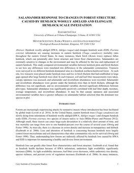 Salamander Response to Changes in Forest Structure Caused by Hemlock Woolly Adelgid and Elongate Hemlock Scale Infestation