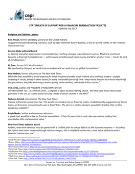 STATEMENTS of SUPPORT for a FINANCIAL TRANSACTION TAX (FTT) Updated July 2013