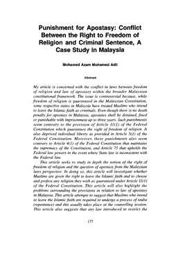 Punishment for Apostasy: Conflict Between the Right to Freedom of Religion and Criminal Sentence, a Case Study in Malaysia
