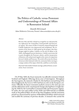 The Politics of Catholic Versus Protestant and Understandings of Personal Affairs in Restoration Ireland