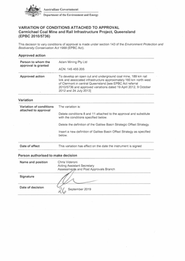 VARIATION of CONDITIONS ATTACHED to APPROVAL Carmichael Coal Mine and Rail Infrastructure Project, Queensland (EPBC 2010/5736)