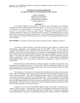 JUSTIFICATION for SUBSPECIES in ARCEUTHOBIUM CAMPYLOPODUM (VISCACEAE) ABSTRACT in the Dwarf Mistletoes