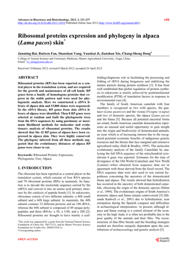 Ribosomal Proteins Expression and Phylogeny in Alpaca (Lama Pacos) Skin*