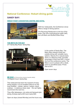 National Conference: Hobart Dining Guide SANDY BAY