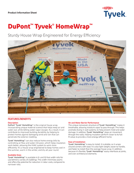 Dupont Tyvek Homewrap Physical Properties Data Sheet