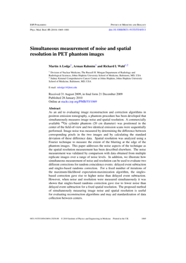 Measurement of Noise and Resolution in PET 1071 Large ROI in a Single Static Image