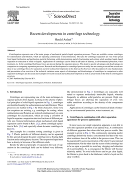 Recent Developments in Centrifuge Technology Harald Anlauf ∗ Universit¨Atkarlsruhe (TH), Institut F¨Urmvm, D-76128 Karlsruhe, Germany