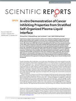 In Vitro Demonstration of Cancer Inhibiting Properties from Stratified Self-Organized Plasma-Liquid Interface