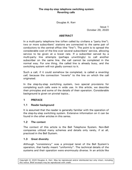 The Step-By-Step Telephone Switching System: Reverting Calls Douglas A. Kerr Issue 1 October 29, 2020 ABSTRACT in a Multi-Party