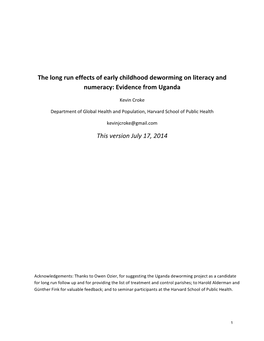 Deworming on Literacy and Numeracy: Evidence from Uganda