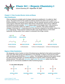 Chem 341 • Organic Chemistry I Lecture Summary 07 • September 07, 2007