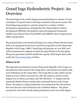 Grand Inga Hydroelectric Project: an Overview | International Rivers 4/5/18, 10:06 AM Grand Inga Hydroelectric Project: an Overview