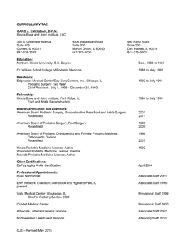 Revised May 2015 CURRICULUM VITAE GARO J. EMERZIAN, DPM