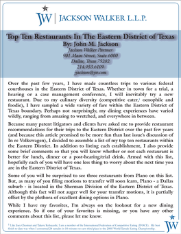 Top Ten Restaurants in the Eastern District of Texas By: John M