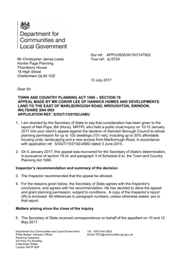 Mr Christopher James Lewis Hunter Page Planning Thornberry House 18 High Street Cheltenham GL50 1DZ Our Ref: APP/U3935/W/16/3147