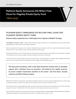 Platinum Equity Announces $10 Billion Final Close for Flagship Private Equity Fund