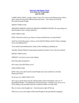 Interview with Jimmy Carter Larry King Live (Transcript) April 28, 2008