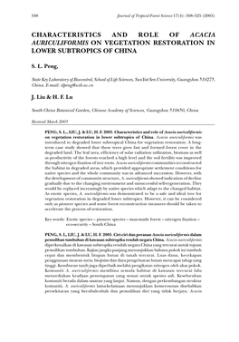 Characteristics and Role of Acacia Auriculiformis on Vegetation Restoration in Lower Subtropics of China