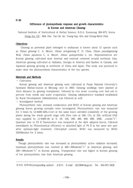 P-30 Difference of Photosynthesis Response and Growth Characteristics in Korean and American Ginseng National Institute of Horticultural & Herbal Science, R.D.A