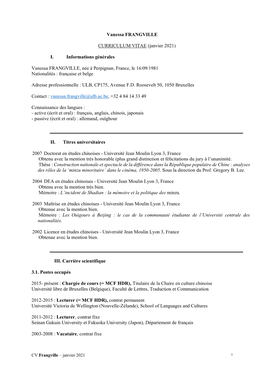 Vanessa FRANGVILLE CURRICULUM VITAE (Janvier 2021