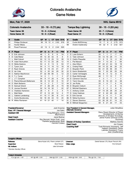 Colorado Avalanche Game Notes