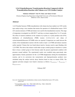 1,2,4-Trimethylbenzene Transformation Reaction Compared with Its Transalkylation Reaction with Toluene Over USY-Zeolite Catalyst