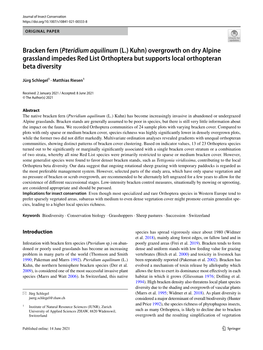 Bracken Fern (Pteridium Aquilinum (L.) Kuhn) Overgrowth on Dry Alpine Grassland Impedes Red List Orthoptera but Supports Local Orthopteran Beta Diversity