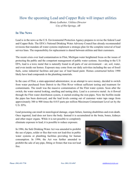 How the Upcoming Lead and Copper Rule Will Impact Utilities Monty Ledbetter, Utilities Director City of Hot Springs, AR