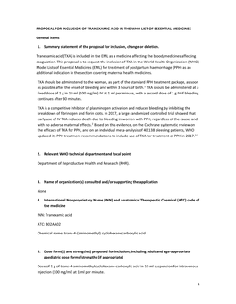 Proposal for Inclusion of Tranexamic Acid in the Who List of Essential Medicines