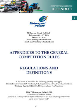 Appendices to the General Competition Rules Regulations and Definitions