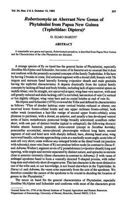 Robertsomyia an Aberrant New Genus of Phytalmiini from Papua New Guinea (Tephritidae: Diptera)1