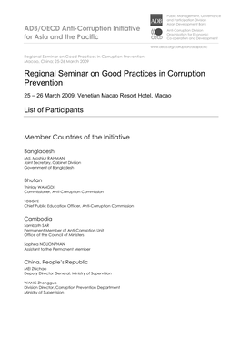 Regional Seminar on Good Practices in Corruption Prevention Macao, China; 25-26 March 2009