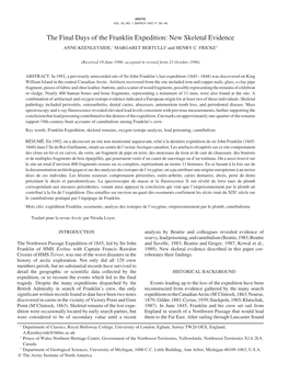 The Final Days of the Franklin Expedition: New Skeletal Evidence ANNE KEENLEYSIDE,1 MARGARET BERTULLI2 and HENRY C