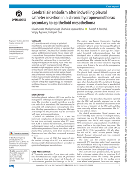 Cerebral Air Embolism After Indwelling Pleural Catheter Insertion in A