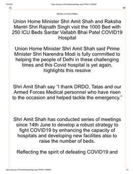 Union Home Minister Shri Amit Shah and Raksha Mantri Shri Rajnath Singh Visit the 1000 Bed with 250 ICU Beds Sardar Vallabh Bhai Patel COVID19 Hospital